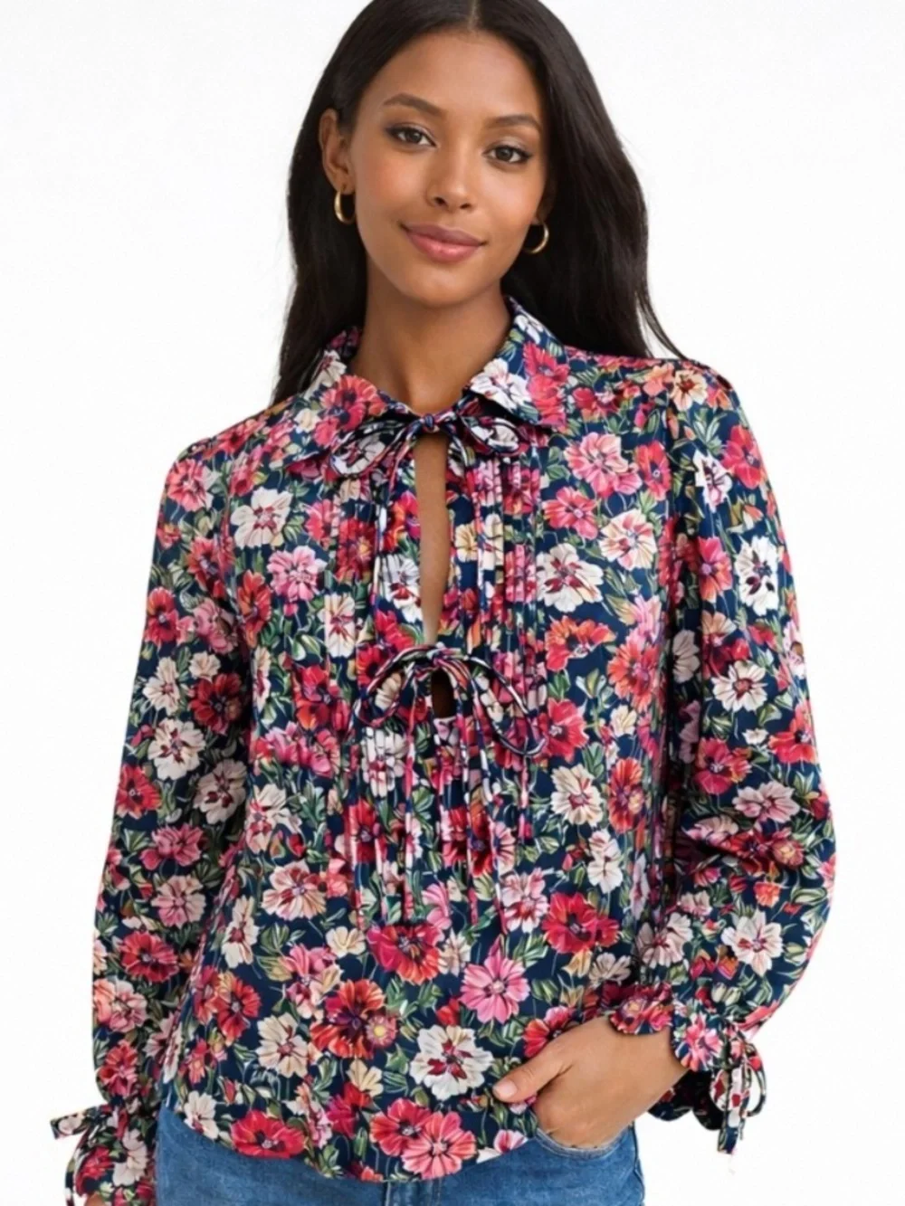 J.Crew Liberty Fabric Poppy Amelie Floral Pintuck Blouse Tie Neck Small